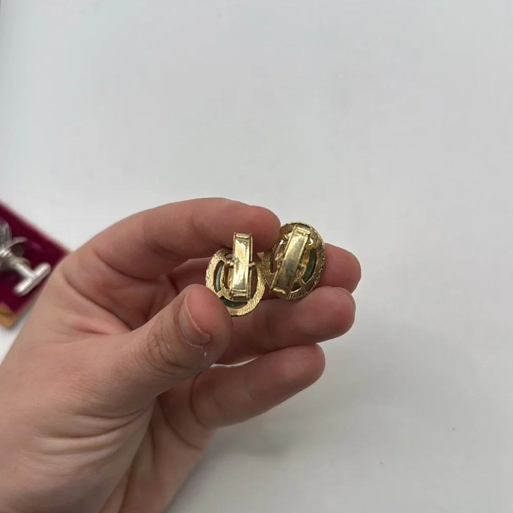 Green Stone Gold Tone Cufflinks Cuff Links Jewelry Accessory